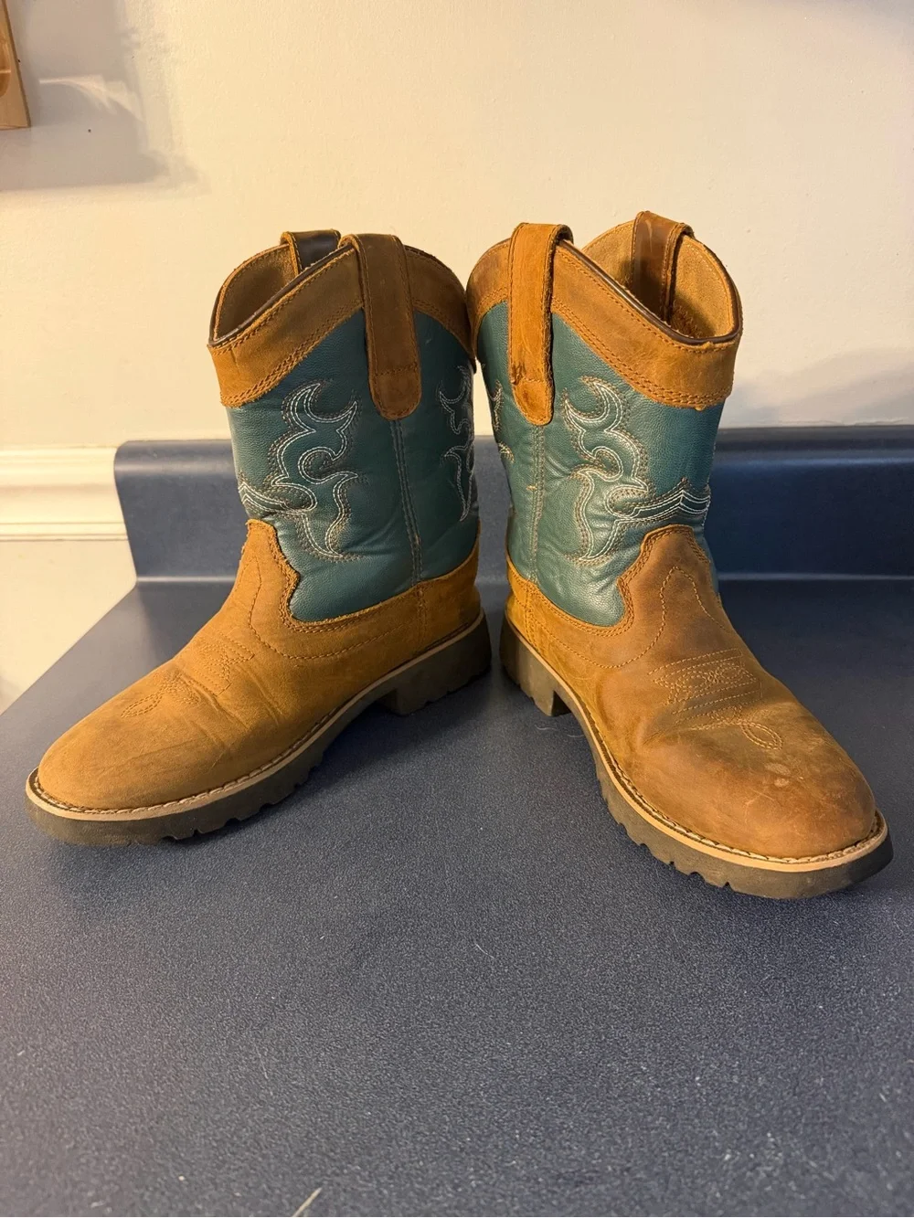 Kids Brown and Teal Western Pull-On Boots
